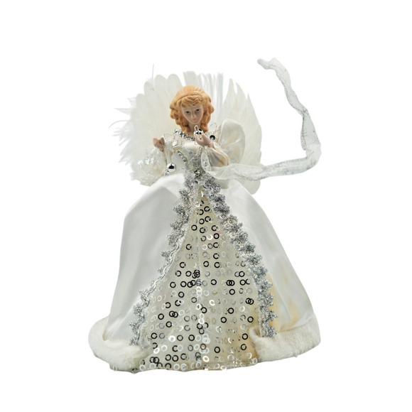 Vintage Light-Up Christmas Angel Tree Topper White Gown Silver Sequins 12" - Picture 2 of 4